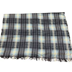 Loft Plaid Wrap Scarf Blue Grey Yellow Acrylic Modal Fringe Blanket 28x80‎ NWOT